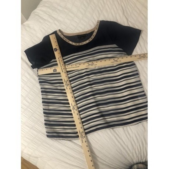 Ladies‎ XL Navy Cream Stripe Blouse Sheer Sailor Navy Embellishments Office top - Picture 2 of 4